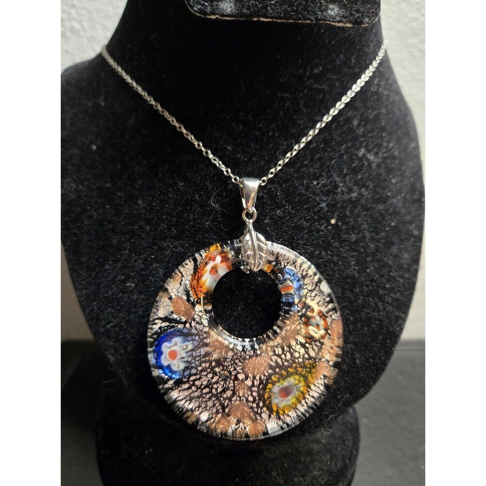 Vintage Glass pendant, Murano-Style Millefiori Donut pendant with Silver Bail